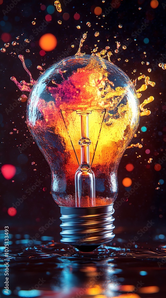 Poster A light bulb with colorful liquid splashing inside, creating a dynamic and vibrant image of creativity and inspiration.