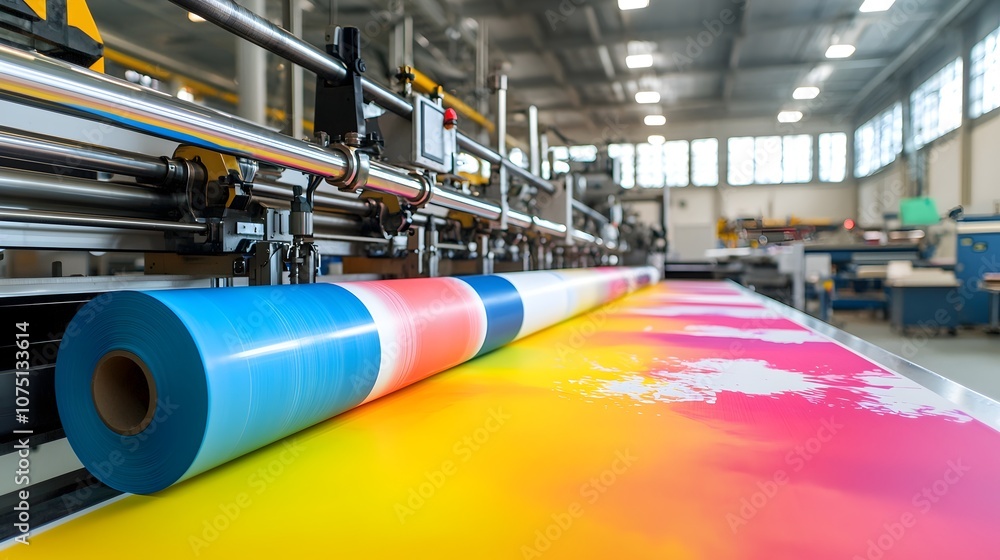 Poster vibrant industrial printing process - wide view of modern machine with paper rolls and blending inks