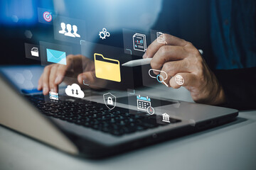 Document Management System Technology Interface with Digital Icons and Laptop