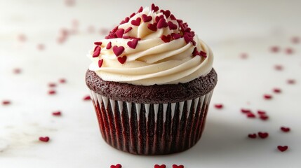 A delicious red velvet cupcake adorned with heart-shaped sprinkles on a charming tabletop, perfect for celebrations and special moments