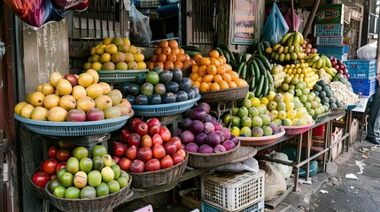 Colorful assortment of fruits and vegetables on a market stall