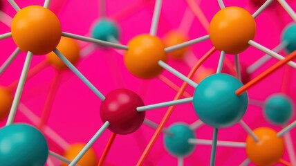 Obraz premium A vibrant molecular structure illustration featuring colorful atoms connected by bonds against a pink background.