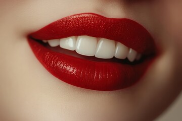 Obraz premium Close-up of a woman's smile with red lipstick