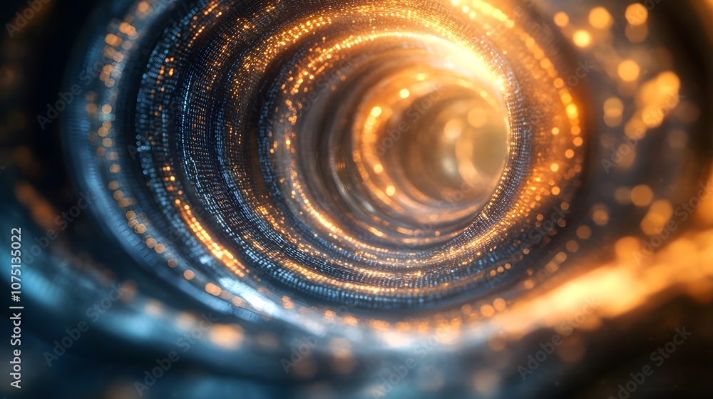 Poster abstract swirling tunnel with glowing particles, suggesting motion and depth.
