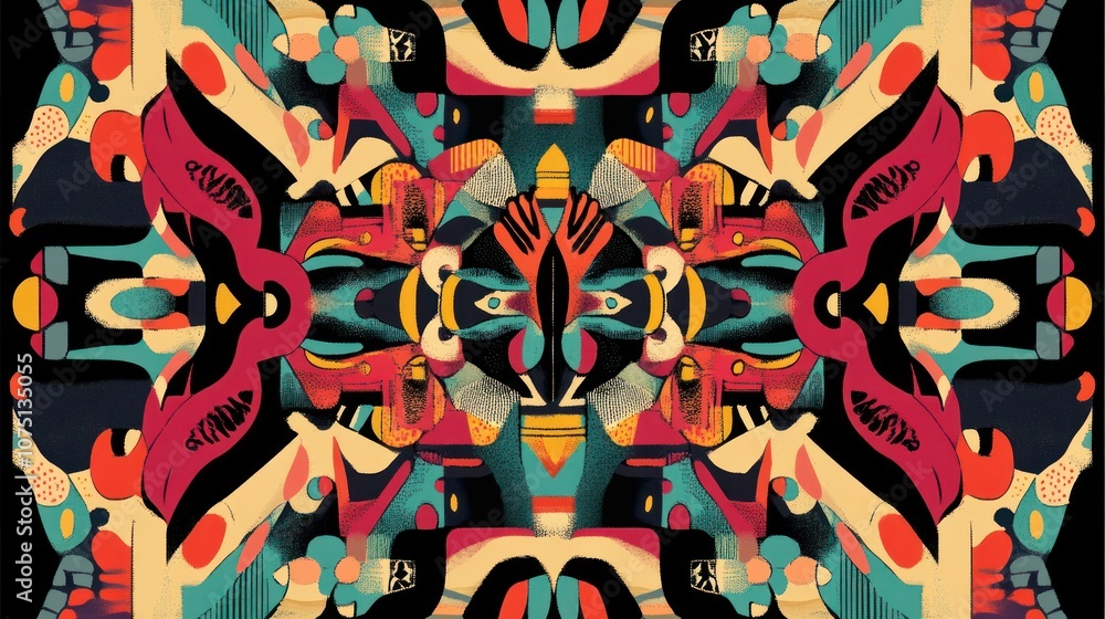 Poster an abstract geometric pattern design showcasing a fusion of shapes and colors typically associated w