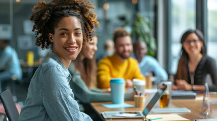 Obraz premium black colored skin Woman employee in an office meeting room