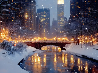 Photo Winter Night Snow Cityscape Bridge River Lights New York