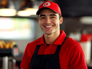 Young male fast food worker smiling in uniform at counter in a fast food restaurant