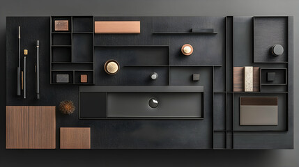 Obraz premium Black and Wooden Bathroom Sink with Geometric Design, minimalist, modern, contemporary, interior, decor