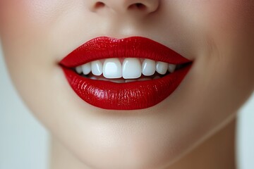 Obraz premium Close-up of a woman's smile with red lipstick