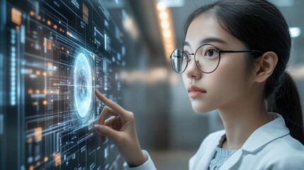 Female Researcher in a Futuristic Research Center