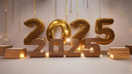 vibrant New Year scene sparkling 2025 balloons displayed wooden block transitioning one next festive design marks beginning conveys congratulations fresh starts fireworks celebration light holiday - Powered by Adobe
