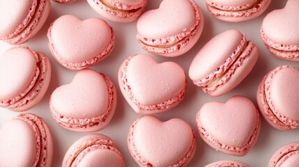 Fototapeta premium Delightful heart-shaped pink macarons arranged beautifully on a white surface, perfect for celebrations or sweet treats