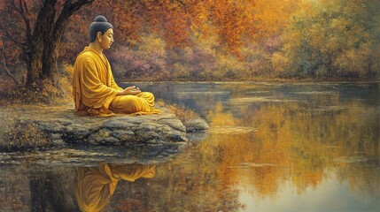 Buddha Meditating by a Still Lake in Autumn