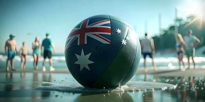 Candid Friends Playing Beach Volleyball Australia Day: Joyful Expressions, Teamwork, Australian Flags on Sandy Beach - Festive Fun and Active Play | Ample Copy Space for Stock Photo Concept