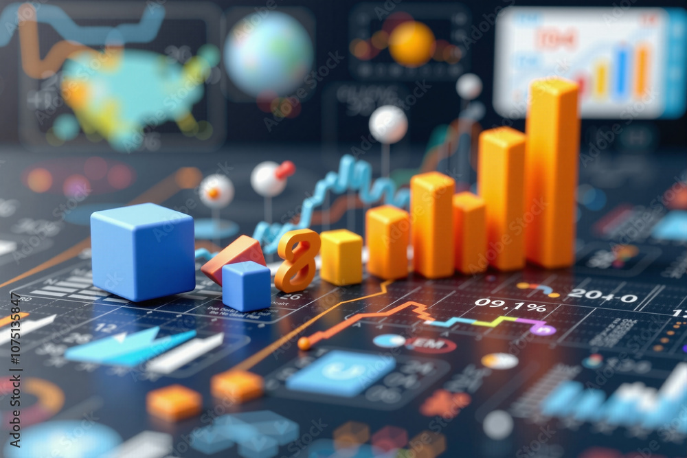 Poster an infographic illustrating the machine learning process with 3d geometric shapes and charts on a bl