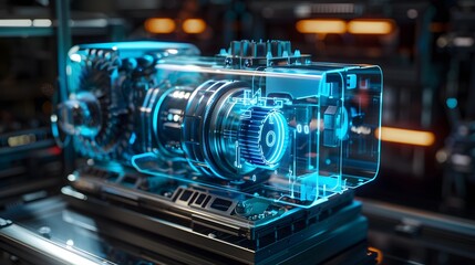 Obraz premium A blue and green machine with a glowing blue light. The machine is in a glass case. The machine is futuristic and has a metallic look