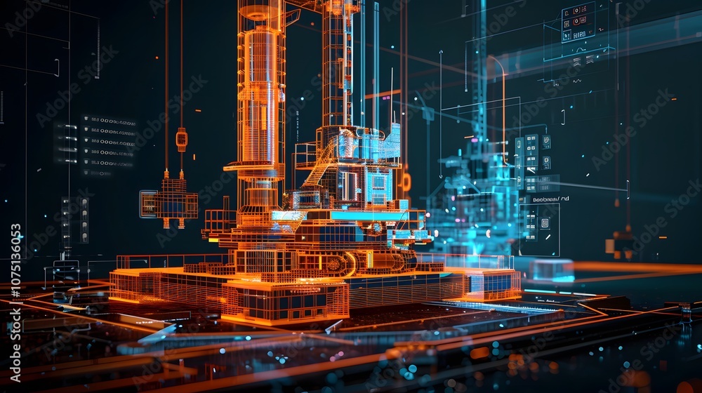 Poster a futuristic cityscape with a large orange building in the center. the building is surrounded by a n