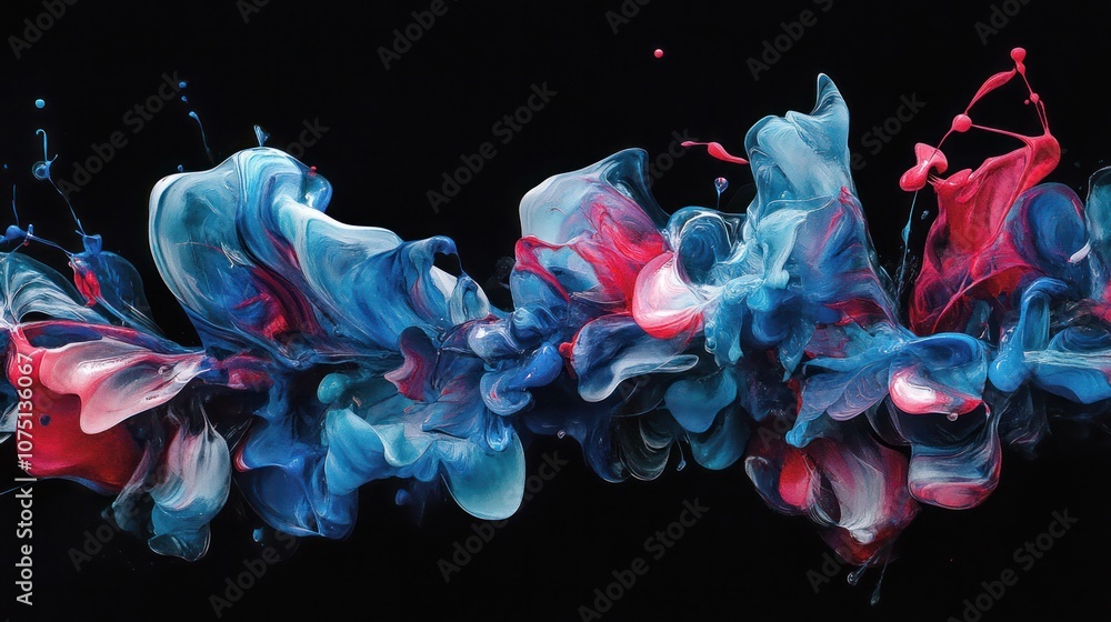 Poster an enchanting display of acrylic blue and red paints in water, blending into a complex ink blot desi