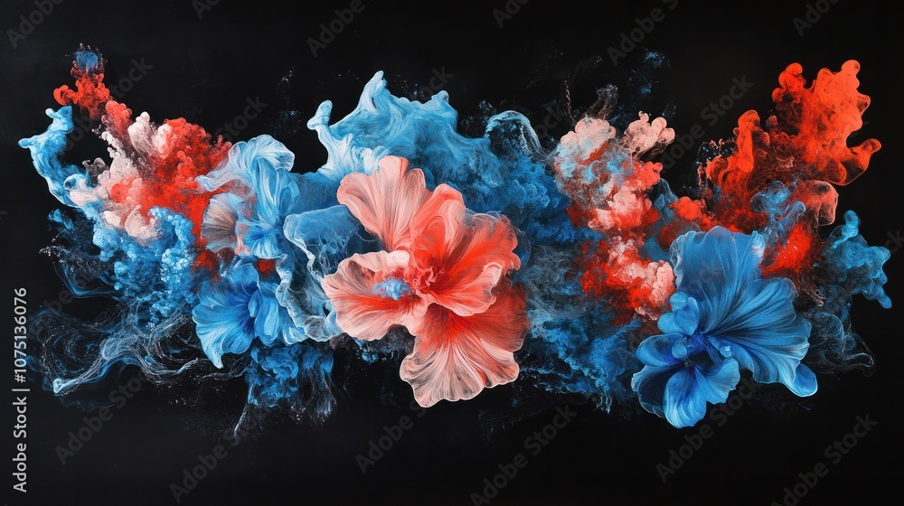 Poster an enchanting display of acrylic blue and red paints in water, blending into a complex ink blot desi
