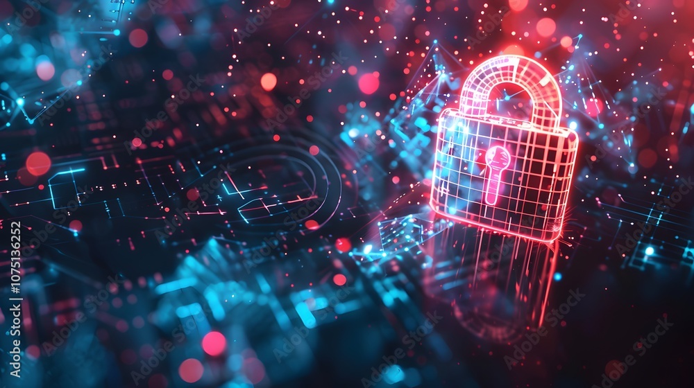 Poster a glowing red and blue image of a lock with a key. the lock is surrounded by a series of glowing lin