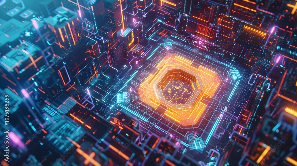 Poster a computer generated image of a futuristic cityscape with neon lights and a blue square in the cente