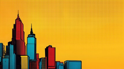 Vibrant Pop Art Inspired Comic City Skyline with Empty Space for Text