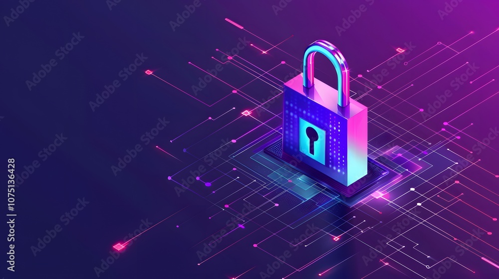 Poster a blue and purple background with a lock on it. the lock is on a piece of paper that is on a compute