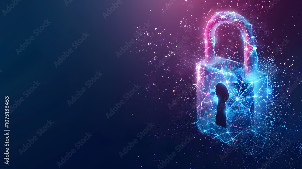 Poster a blue and purple background with a lock on it. the lock is on a piece of paper that is on a compute