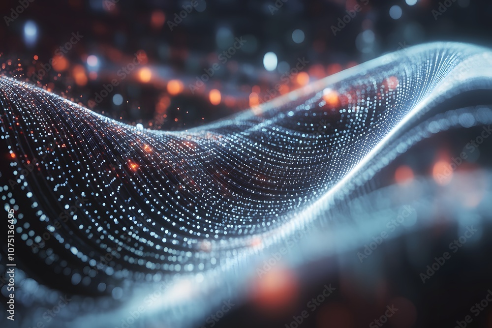 Poster abstract digital wave with glowing particles and light effects.