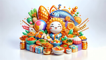 Fototapeta premium 3D Glossy Seollal Traditional Food Spread Background Japchae Kimchi Fish Festive Abundance Ample Copy Space Isolated White Background for Celebrating Lunar New Year