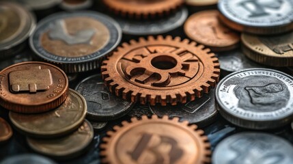 Diverse collection of coins with a symbolic gear representing the fusion of cryptocurrency and traditional currency in a dynamic financial landscape