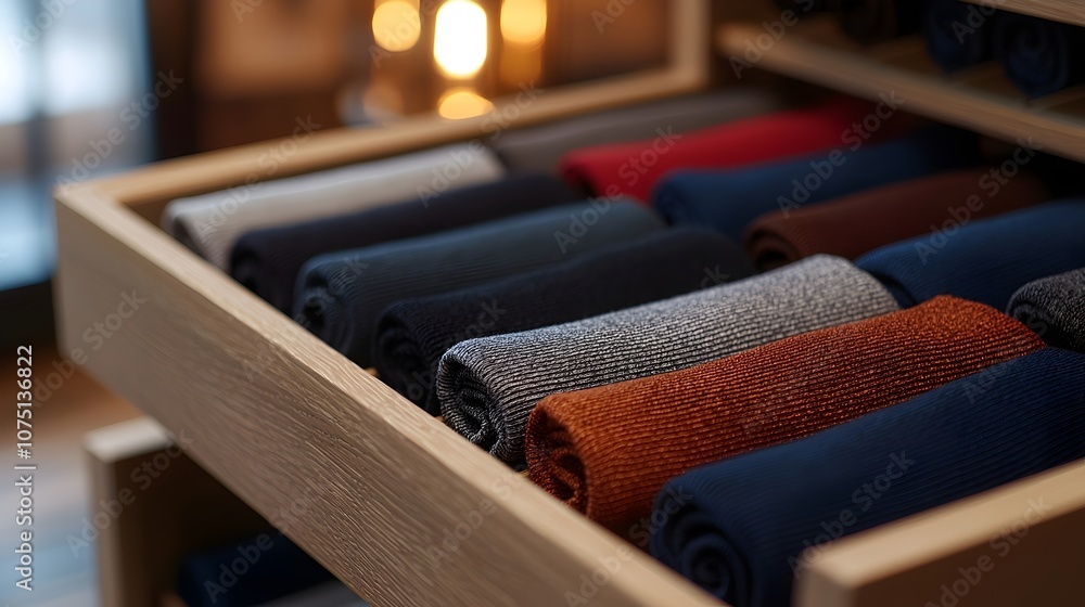 Poster neatly organized sock drawer with colorful patterns - warm and inviting light wood compartment stora