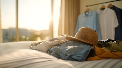 Travel Chaos Overstuffed Suitcase with Clothes Spilling on Hotel Bed - Cozy Evening Light and Casual Fashion Items Create an Inviting Scene