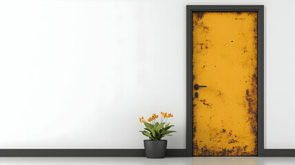 Yellow Rusty Door in Minimalist Interior, yellow door, metal door, interior door, door handle, white wall