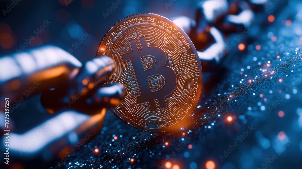 Aufkleber exploring the connection between cryptocurrency and blockchain technology with a glowing bitcoin ami