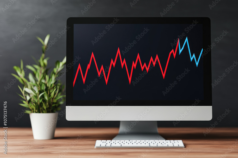 Fototapete dynamic display of a computer screen, vibrant red and blue lines in motion, creating an engaging vis