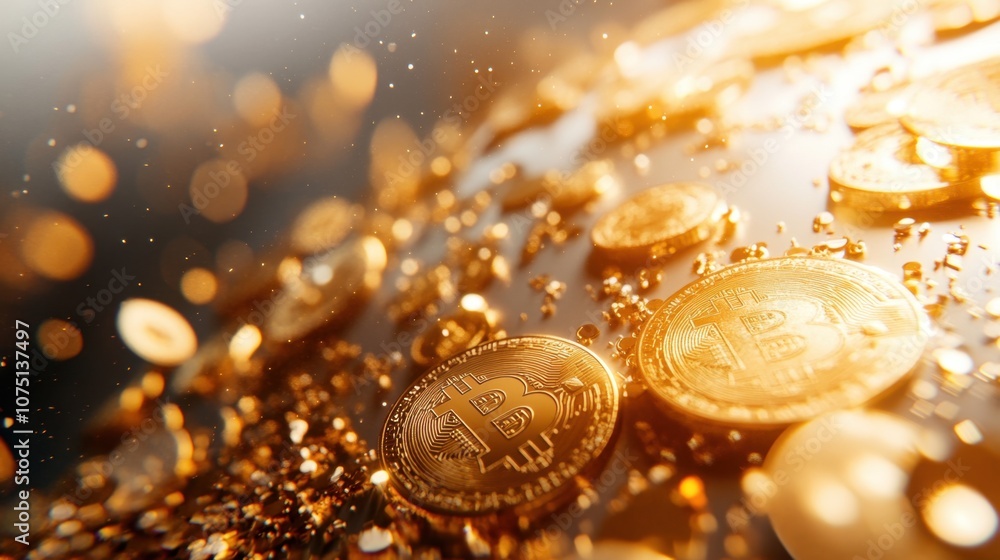 Poster a dazzling array of golden coins shimmering with light symbolizes wealth and the rise of digital cur