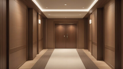 A fire rated door subtly integrated into the luxurious wooden paneling of a hotel corridor