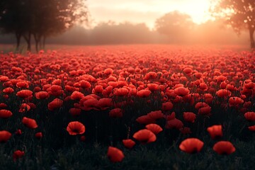 A field of red poppies bathed in the warm glow of sunset or sunrise