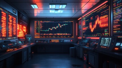 Illuminated trading room with vibrant charts showcasing market activity at night