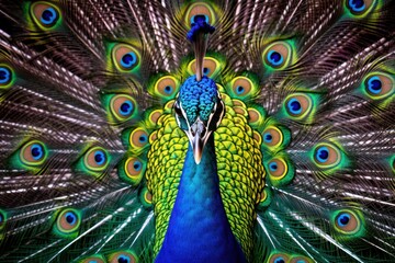 Obraz premium Intimate close-up of a male peacock flaunting its colorful plumage, showcasing the unique eye spots and the vivid gradient of colors ranging from deep blues to bright greens.