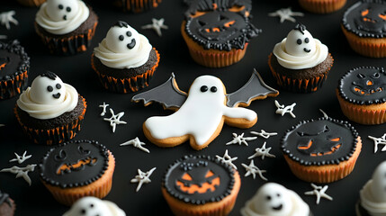 Obraz premium Spooky Halloween Cupcakes and Cookies, ghost, pumpkin, scary, treat, dessert