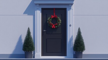 Fototapeta premium A festive front door adorned with a wreath and flanked by potted evergreen trees.