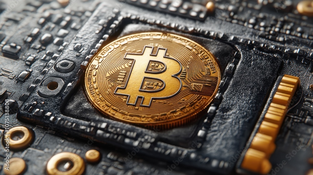 Poster an intricate close-up of a bitcoin symbol resting on a detailed circuit board at a high-tech display
