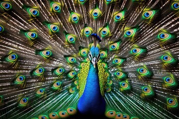 Fototapeta premium Striking close-up portrait of a male peacock with its magnificent tail feathers fully displayed, featuring a spectacular array of blue, green, and gold hues.