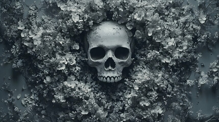 Human Skull Surrounded by Flowers, bones, blossom, floral, bloom, white