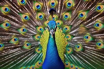 Fototapeta premium Striking close-up portrait of a male peacock with its magnificent tail feathers fully displayed, featuring a spectacular array of blue, green, and gold hues.