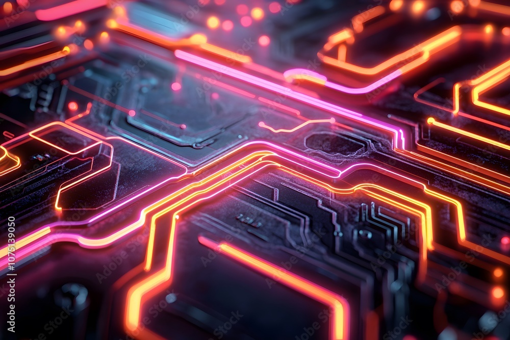 Aufkleber abstract close-up of a circuit board with glowing neon pathways and intricate designs.