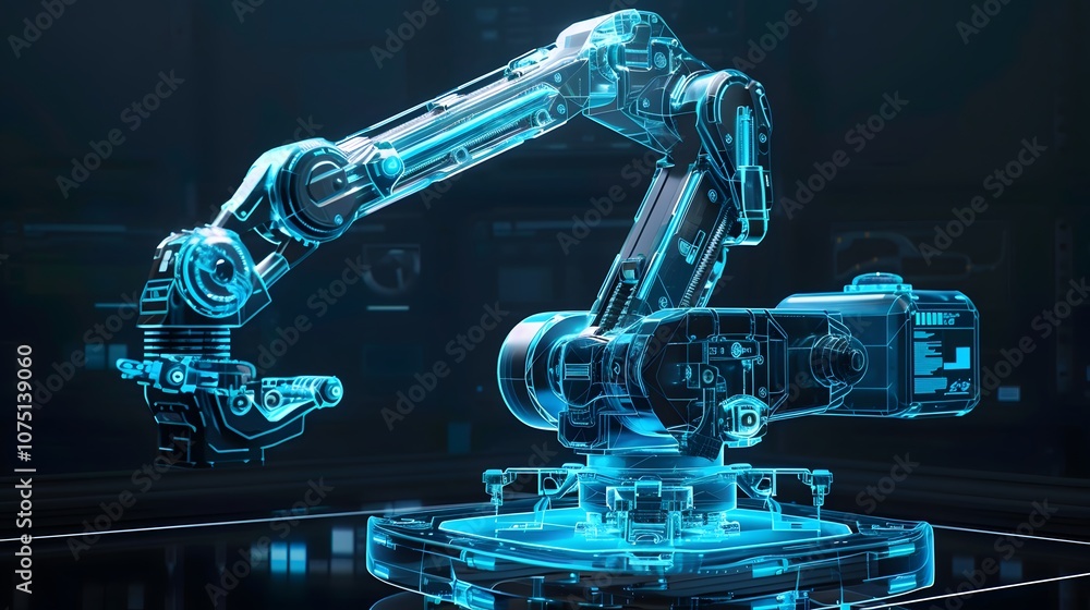 Poster a robot with a blue arm is shown in a futuristic setting. the robot is designed to be a mechanical a